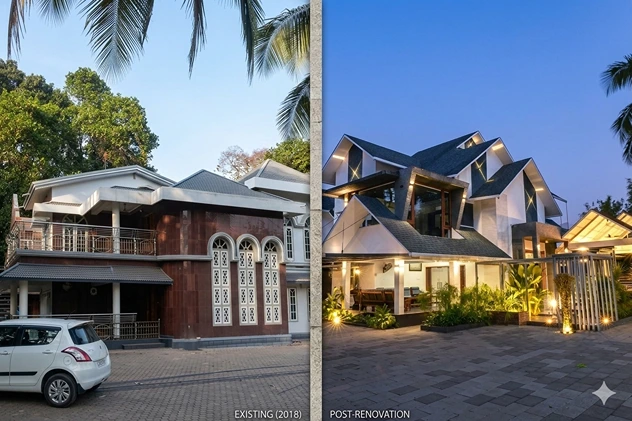 Before and after residential house renovation project in Kerala
